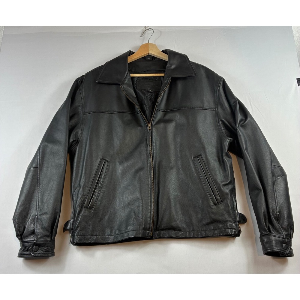 St. John's Bay Leather Bomber Jacket Mens Small Black Full Zip Quilted Lined